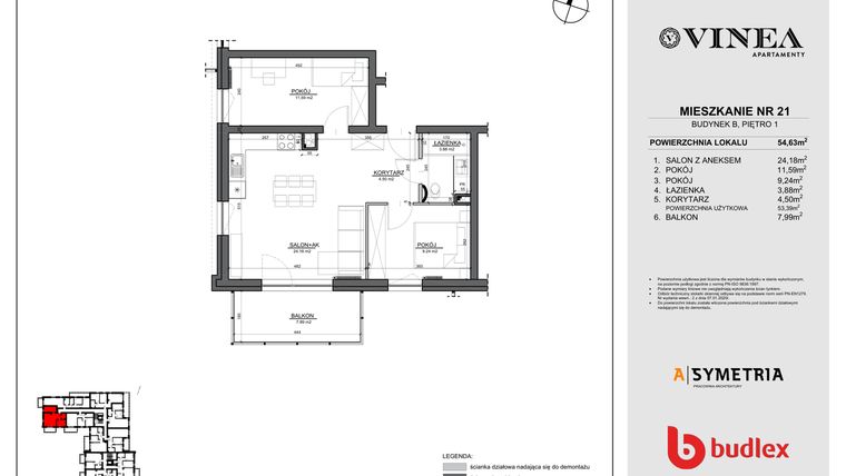 Rzut - Mieszkanie na sprzedaż 3 pokoje o powierzchni 54,63 m² - numer 21 w Apartamenty Vinea