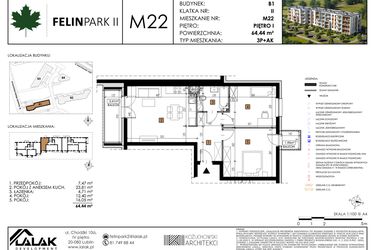 Rzut - Mieszkanie na sprzedaż 3 pokoje o powierzchni 64,41 m² - numer M22 w Felin Park II