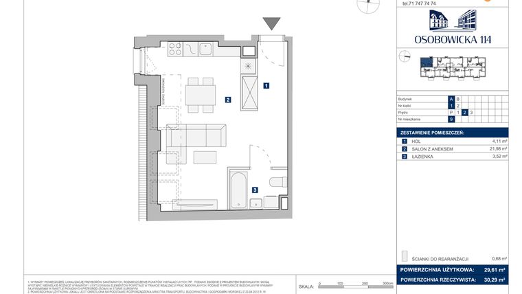 Rzut - Mieszkanie na sprzedaż 1 pokój o powierzchni 29,61 m² - numer A.9 w Osobowicka 114
