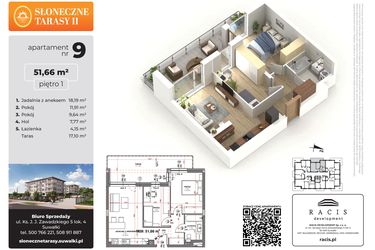 Rzut - Mieszkanie na sprzedaż 3 pokoje o powierzchni 51,66 m² - numer 9 w Słoneczne Tarasy II