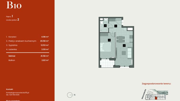 Rzut - Mieszkanie na sprzedaż 2 pokoje o powierzchni 41,58 m² - numer B10 w Mazowiecka 115