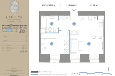 Rzut - Mieszkanie na sprzedaż 2 pokoje o powierzchni 39,72 m² - numer 3 w Oficyna - Apartamenty Inwestycyjne Apart Hotel
