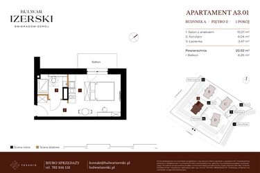 Rzut - Mieszkanie na sprzedaż 1 pokój o powierzchni 22,52 m² - numer A3.01 w Bulwar Izerski