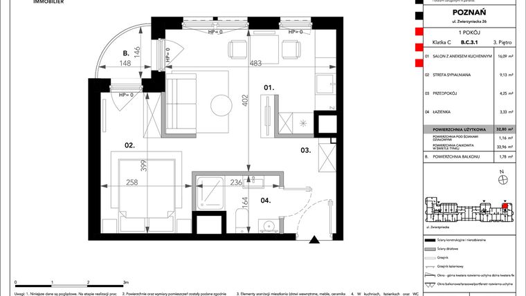 Rzut - Mieszkanie na sprzedaż 1 pokój o powierzchni 32,8 m² - numer B.C.3.1 w Zajezdnia