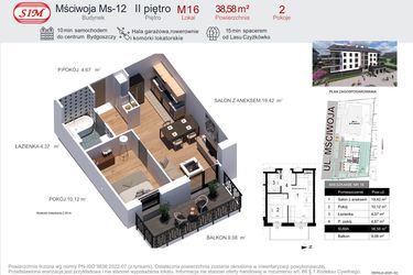 Rzut - Mieszkanie na sprzedaż 2 pokoje o powierzchni 38,58 m² - numer 16 w Mściwoja MS-12