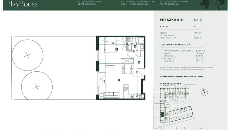 Rzut - Mieszkanie na sprzedaż 2 pokoje o powierzchni 43,32 m² - numer B.1.7 w IVY HOUSE