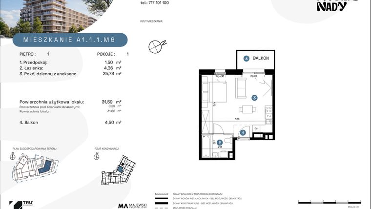 Rzut - Mieszkanie na sprzedaż 1 pokój o powierzchni 31,59 m² - numer A1.1.1.M6 w Nowe Promenady