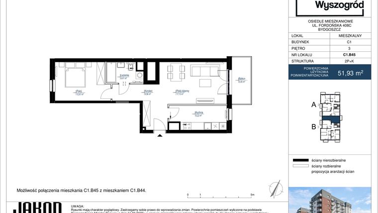 Rzut - Mieszkanie na sprzedaż 2 pokoje o powierzchni 51,93 m² - numer C1.B45 w Nowy Wyszogród etap II
