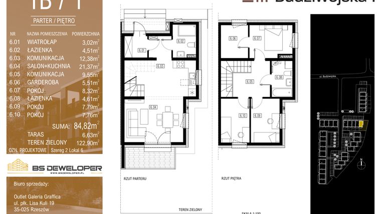 Rzut - Mieszkanie na sprzedaż 5 pokoi o powierzchni 84,82 m² - numer 1B/1 w Budziwojska 3