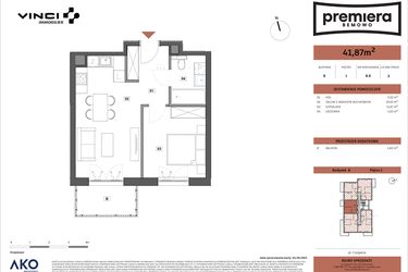 Rzut - Mieszkanie na sprzedaż 2 pokoje o powierzchni 41,87 m² - numer B.08 w Premiera Bemowo