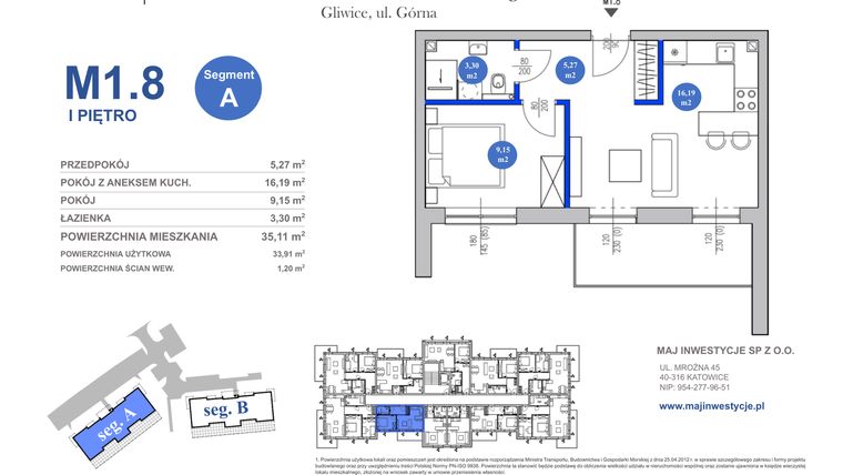 Rzut - Mieszkanie na sprzedaż 2 pokoje o powierzchni 35,11 m² - numer M1.8 w Osiedle Majowe 2.0 etap II