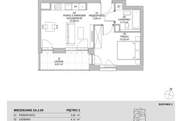Rzut - Mieszkanie na sprzedaż 2 pokoje o powierzchni 36,82 m² - numer 2A.2.09 w Francuska Park VIIIA