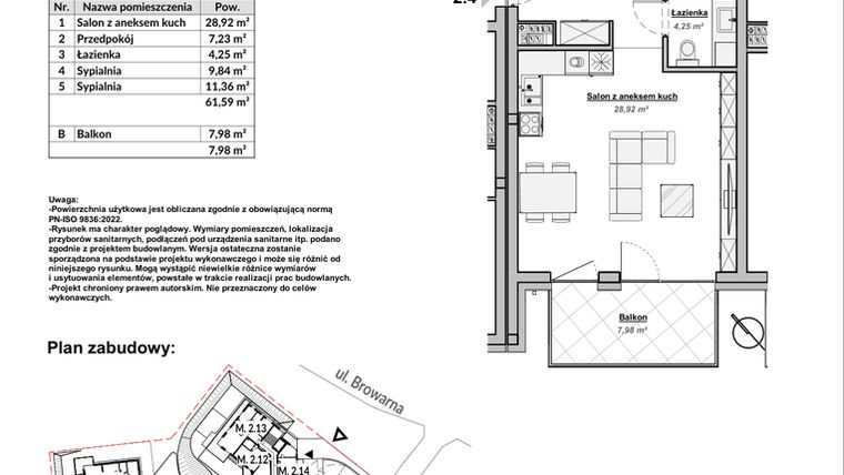 Rzut - Mieszkanie na sprzedaż 3 pokoje o powierzchni 61,59 m² - numer M2.4 w Bulwary Apartamenty