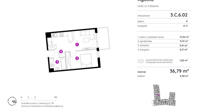 Rzut - Mieszkanie na sprzedaż 1 pokój o powierzchni 36,9 m² - numer 3.C.6.02 w Murapol Agosto
