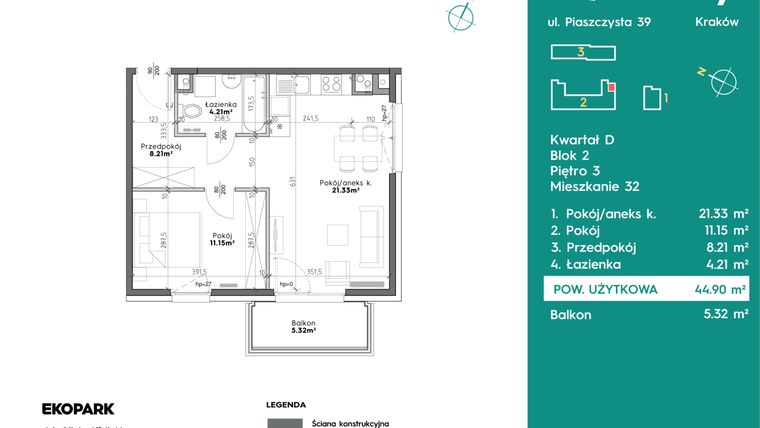 Rzut - Mieszkanie na sprzedaż 2 pokoje o powierzchni 44,9 m² - numer D2-32 w Slow City etap D