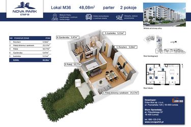 Rzut - Mieszkanie na sprzedaż 2 pokoje o powierzchni 48,08 m² - numer 36 w Nova Park etap III