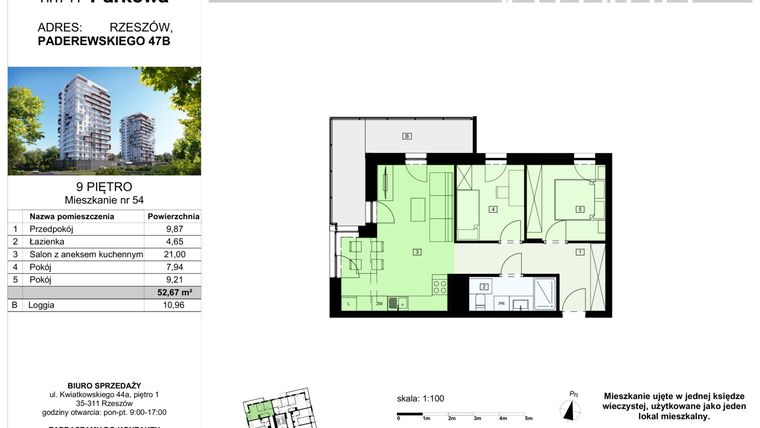 Rzut - Mieszkanie na sprzedaż 3 pokoje o powierzchni 52,67 m² - numer 54/B7 w Dzielnica Parkowa VII