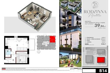 Rzut - Mieszkanie na sprzedaż 2 pokoje o powierzchni 39,86 m² - numer B14 w Rodzinna Malta