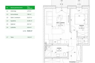 Rzut - Mieszkanie na sprzedaż 3 pokoje o powierzchni 58,36 m² - numer C3M5 w Nefrytowa Park