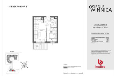 Rzut - Mieszkanie na sprzedaż 2 pokoje o powierzchni 37,26 m² - numer 8 w Osiedle Winnica L9