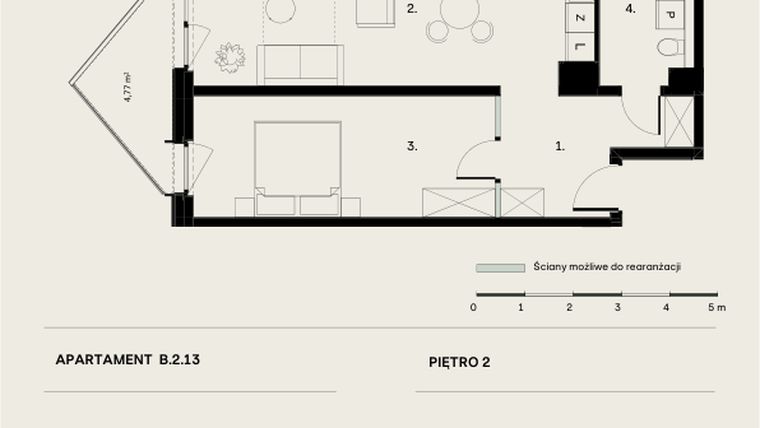 Rzut - Mieszkanie na sprzedaż 2 pokoje o powierzchni 54,95 m² - numer B/2/13 w Ogrodowa 12