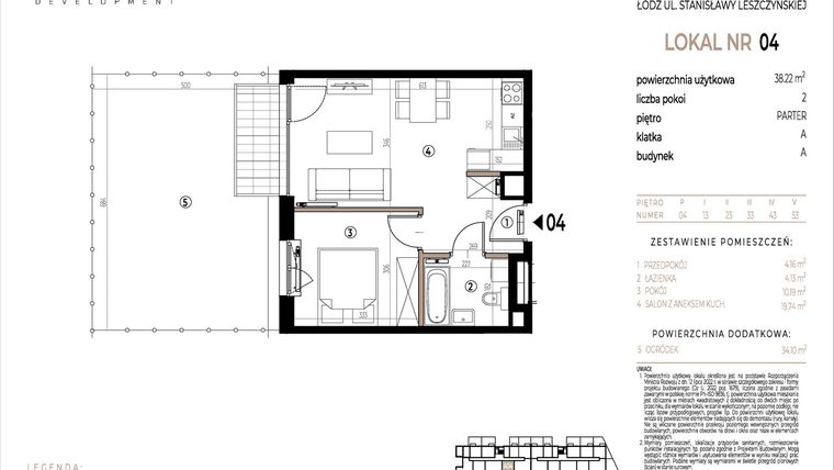 Rzut - Mieszkanie na sprzedaż 2 pokoje o powierzchni 38,22 m² - numer A004 w Ustronna