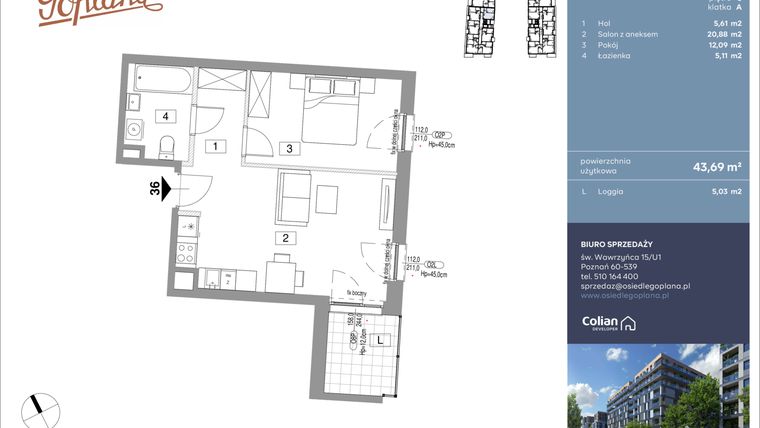 Rzut - Mieszkanie na sprzedaż 2 pokoje o powierzchni 43,69 m² - numer F36 w Goplana budynek F