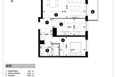 Rzut - Mieszkanie na sprzedaż 2 pokoje o powierzchni 52,98 m² - numer 3A.4/37 w Nowa Winnica
