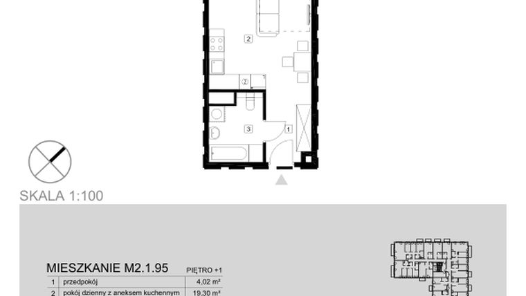 Rzut - Mieszkanie na sprzedaż 1 pokój o powierzchni 28,69 m² - numer M2.1.95 w Modern Helenów