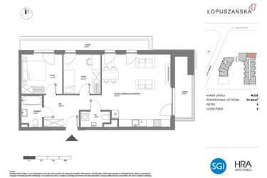 Rzut - Mieszkanie na sprzedaż 3 pokoje o powierzchni 71,42 m² - numer N.3.2 w Łopuszańska 47 - etap 4