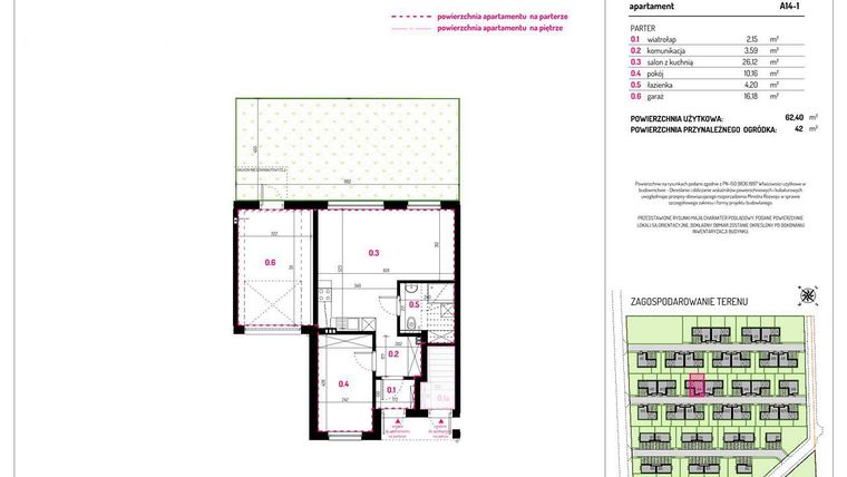 Rzut - Mieszkanie na sprzedaż 2 pokoje o powierzchni 62,4 m² - numer A14-1 w Aleja Kwitnącej Wiśni