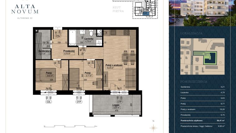 Rzut - Mieszkanie na sprzedaż 3 pokoje o powierzchni 56,41 m² - numer 16 w Alta Novum