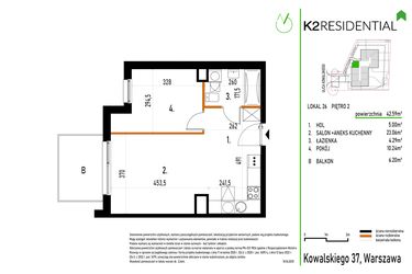 Rzut - Mieszkanie na sprzedaż 2 pokoje o powierzchni 42,59 m² - numer 26 w Kowalskiego 37