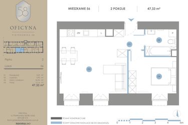 Rzut - Mieszkanie na sprzedaż 2 pokoje o powierzchni 47,33 m² - numer 56 w Oficyna - mieszkania