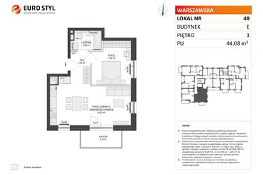 Rzut - Mieszkanie na sprzedaż 2 pokoje o powierzchni 44,08 m² - numer E.40 w Osiedle Warszawska