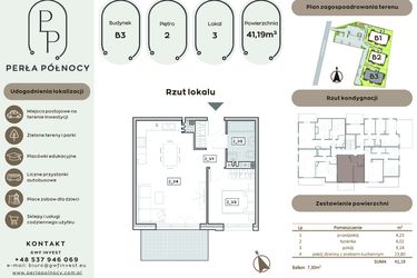 Rzut - Mieszkanie na sprzedaż 2 pokoje o powierzchni 41,19 m² - numer B3.2_3 w Perła Północy etap 2