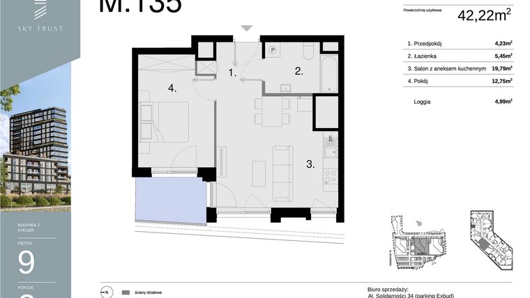Rzut - Mieszkanie na sprzedaż 2 pokoje o powierzchni 42,22 m² - numer M135 w Sky Trust etap II
