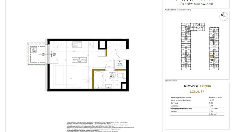 Rzut - Mieszkanie na sprzedaż 1 pokój o powierzchni 27,58 m² - numer 67 w Aura Nova etap II