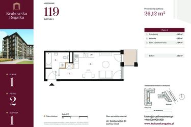 Rzut - Mieszkanie na sprzedaż 1 pokój o powierzchni 26,12 m² - numer 1.M119 w Krakowska Rogatka
