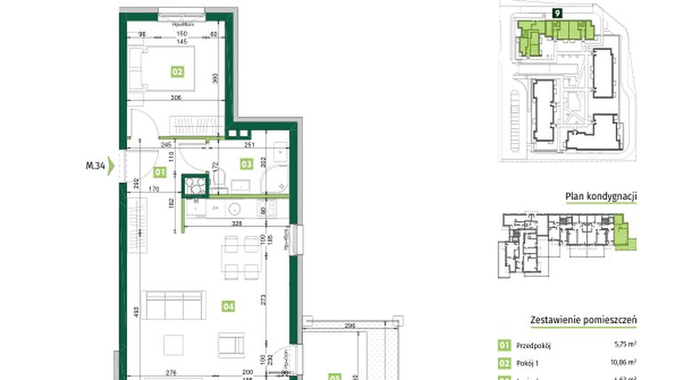 Rzut - Mieszkanie na sprzedaż 2 pokoje o powierzchni 49,49 m² - numer 9.34 w Zielona Przystań