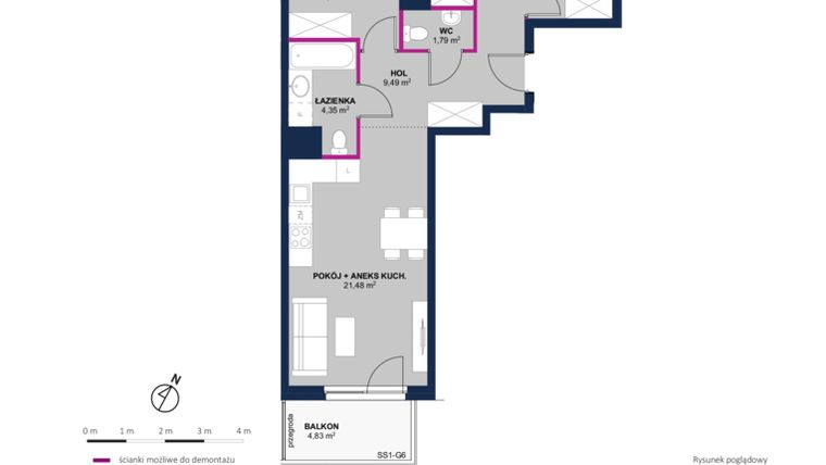 Rzut - Mieszkanie na sprzedaż 4 pokoje o powierzchni 64,77 m² - numer 166 w Moja Północna Etap III