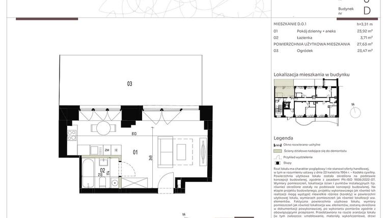 Rzut - Mieszkanie na sprzedaż 1 pokój o powierzchni 27,63 m² - numer D.0.1 w Nowa Stawowa