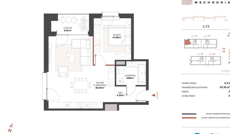 Rzut - Mieszkanie na sprzedaż 2 pokoje o powierzchni 59,7 m² - numer A.3.4 w Drucianka Wschodnia