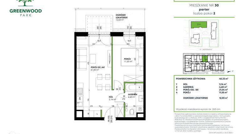 Rzut - Mieszkanie na sprzedaż 2 pokoje o powierzchni 40,33 m² - numer B 30 w Greenwood Park