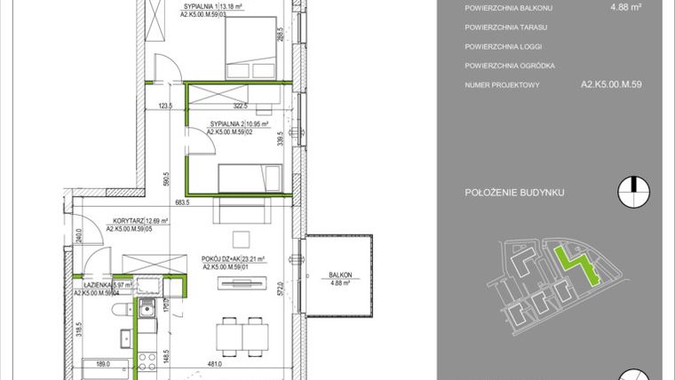 Rzut - Mieszkanie na sprzedaż 3 pokoje o powierzchni 68,03 m² - numer A2.59 w Osiedle Naturalnie