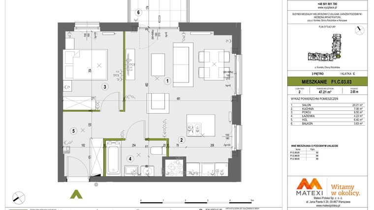 Rzut - Mieszkanie na sprzedaż 2 pokoje o powierzchni 47,21 m² - numer F1.C.03.03 w XYZ Place