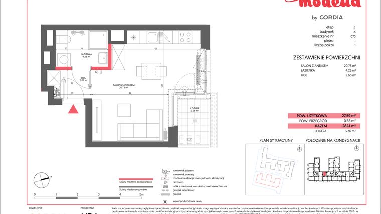 Rzut - Mieszkanie na sprzedaż 1 pokój o powierzchni 27,59 m² - numer A.070 w Modena II