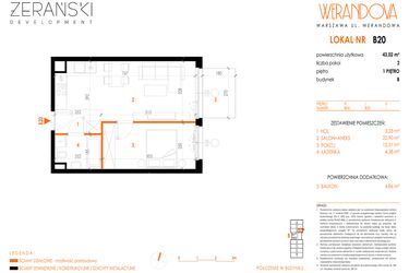 Rzut - Mieszkanie na sprzedaż 2 pokoje o powierzchni 43,02 m² - numer B20 w Werandowa