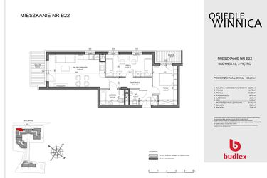 Rzut - Mieszkanie na sprzedaż 3 pokoje o powierzchni 63,2 m² - numer B22 w Osiedle Winnica L9