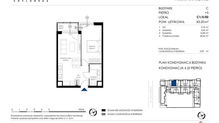Rzut - Mieszkanie na sprzedaż 2 pokoje o powierzchni 43,2 m² - numer C1/5/02 w Chylońska STO10 etap III